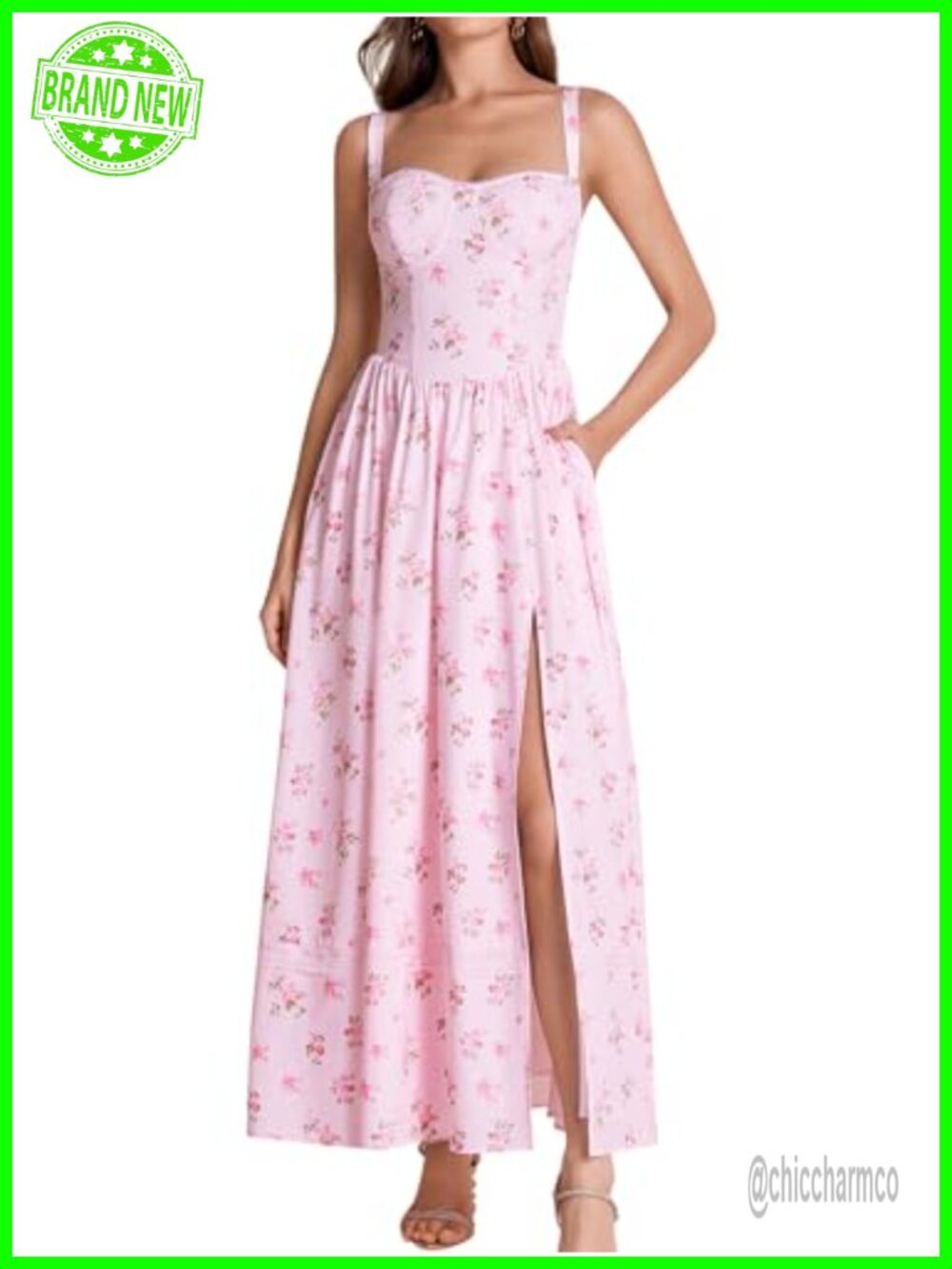 Floral Corset Maxi Dress with Pockets Sweetheart A-Line